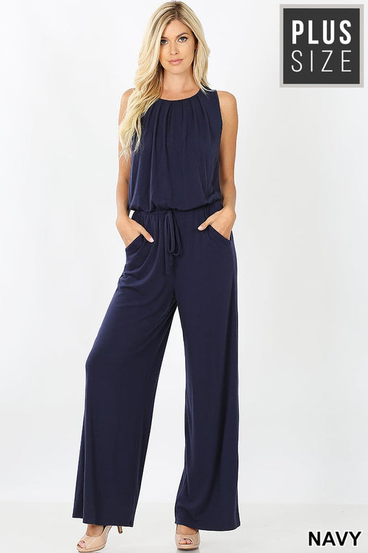 NAVY PLUS SLEEVELESS JUMPSUIT WITH POCKETS